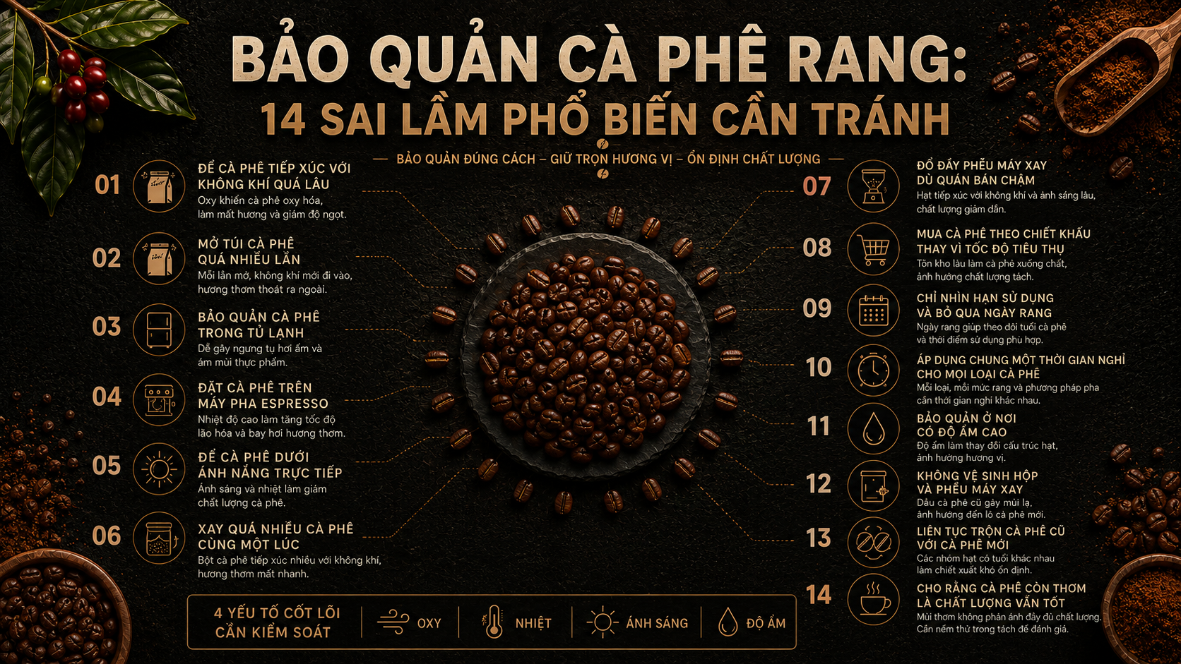 Oxy, nhiệt, ánh sáng và độ ẩm ảnh hưởng đến quá trình bảo quản cà phê rang